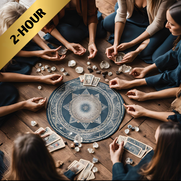 Women gathered in a circle with tarot cards and crystals, celebrating a baby shower, hen's night, birthday party, or team-building event. A unique and spiritual way to connect and celebrate together.