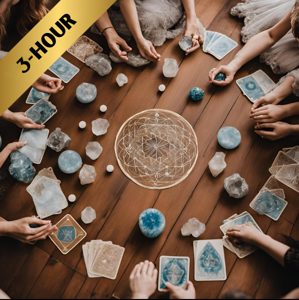 Women gathered in a circle with tarot cards and crystals, celebrating a baby shower, hen's night, birthday party, or team-building event. A unique and spiritual way to connect and celebrate together.