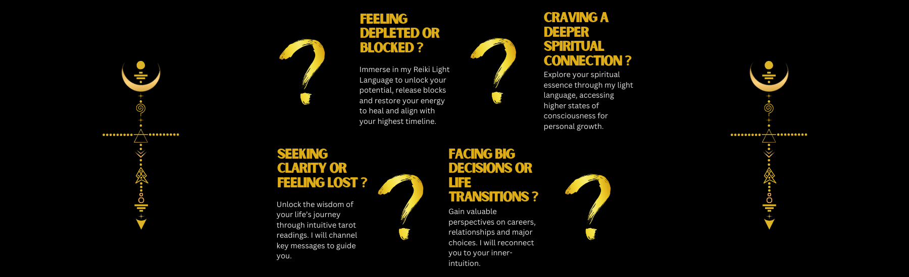 Beautiful light codes with sacred geometry showing the four questions that Ira Light can help with: seeking clarity or feeling lost? Feeling depleted or blocked?, facing big decisions or life transitions?, craving a deeper spiritual connection?