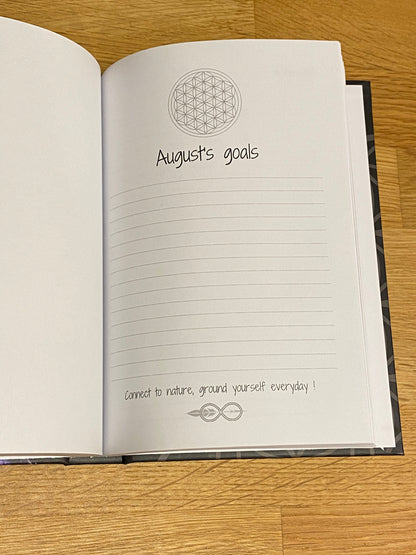 Blank goals page for August from the Infinite Journal by Ira Light, featuring space for monthly affirmations and intentions, adorned with a Flower of Life design, symbolising growth and manifestation, inviting users to set their aspirations and cultivate a positive mindset."