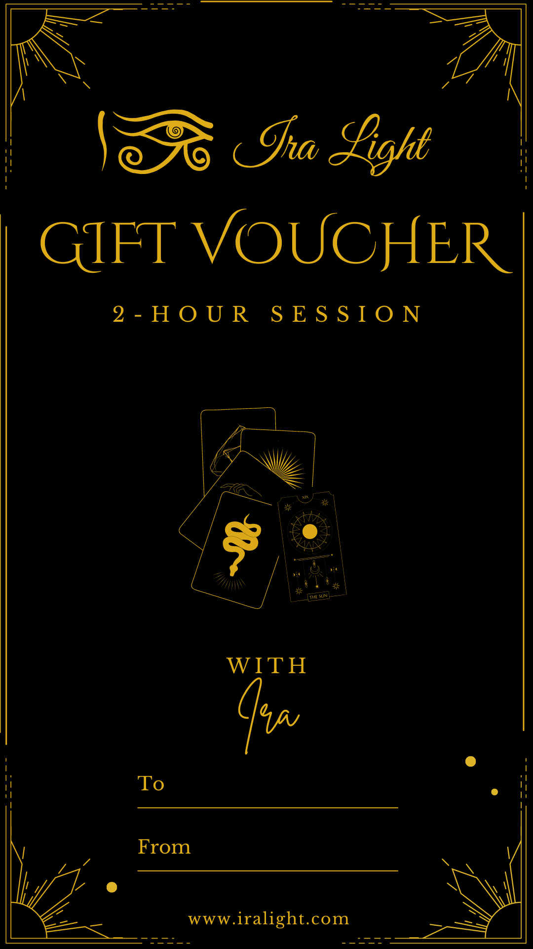 Voucher for a 2-hour spiritual guidance and healing session, featuring elegant design elements and text highlighting the session's benefits.