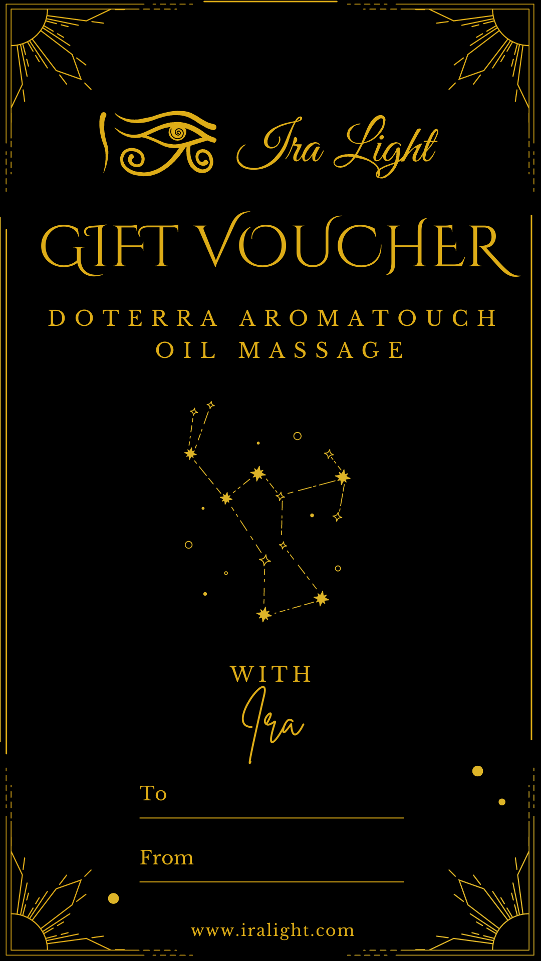 Gift voucher for a soothing doTERRA AromaTouch oil massage, featuring a Orion constellation design with natural golden colours.