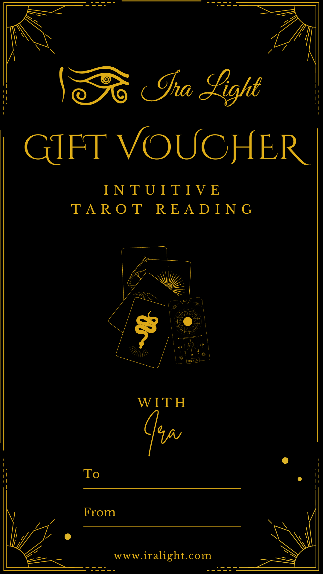 Gift voucher for a Tarot reading and Oracle session, beautifully designed with mystical imagery and calming golden colours.