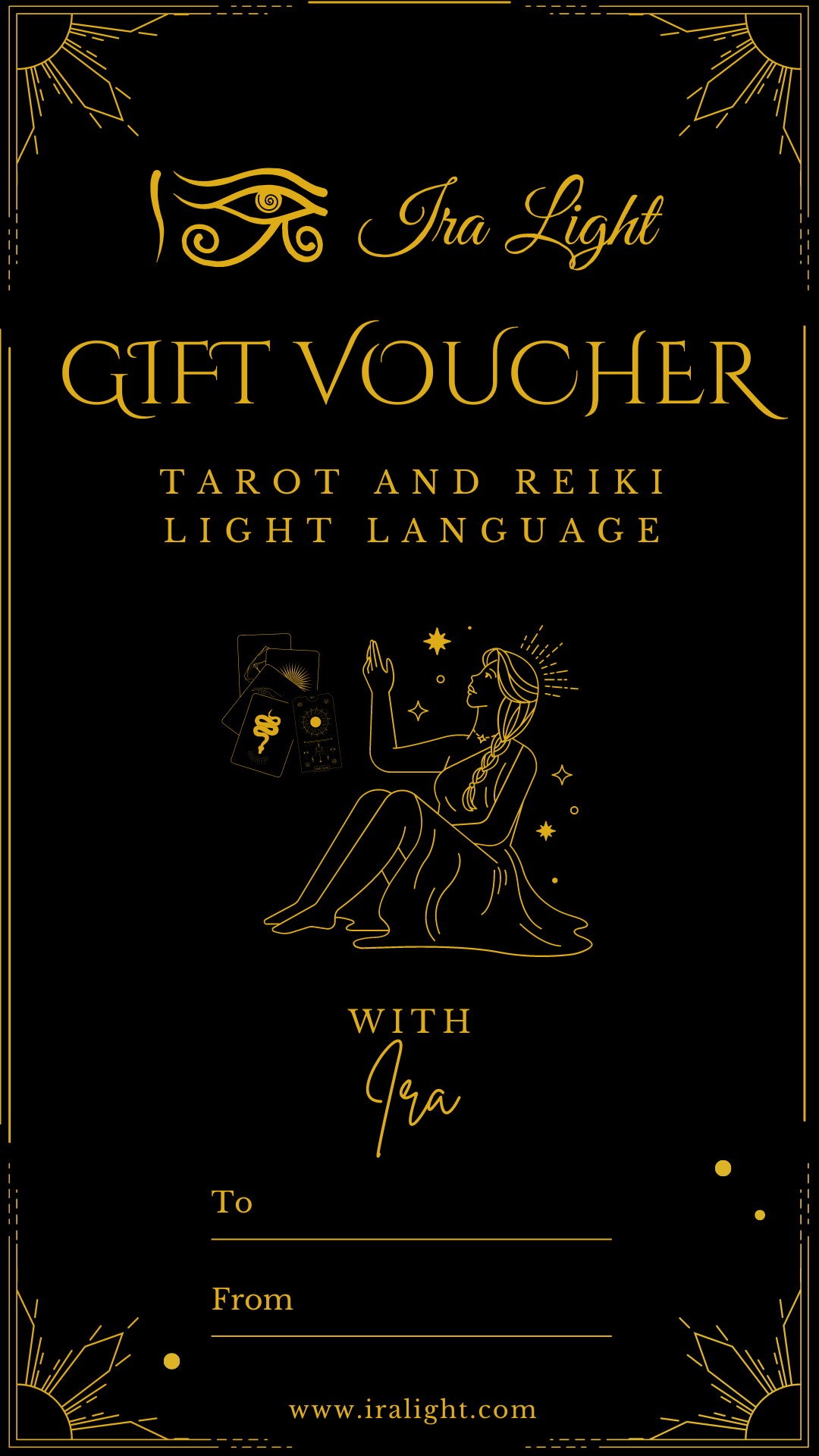 Gift voucher for a Tarot reading combined with Reiki Light Language healing, beautifully designed with spiritual motifs and calming colours