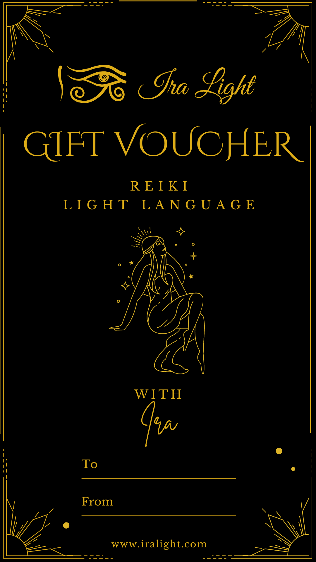 Gift voucher for a transformative Reiki Light Language healing session, elegantly designed with spiritual symbols and soothing golden colours.