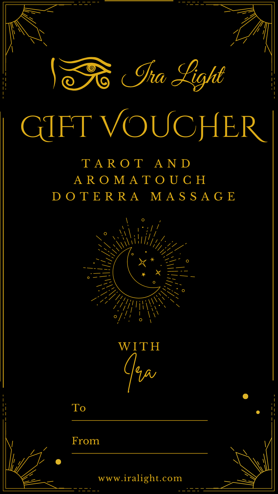 Gift voucher for a Tarot reading and AromaTouch treatment, featuring an elegant design with mystical elements and soothing colors.