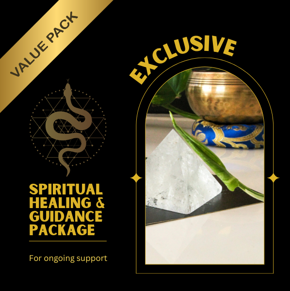 A beautiful image of a snake on a golden sacred geometry with crystal pyramid, tibetan bowl, nature leaf introducing an exclusive Value pack for spiritual healing and guidance package for an ongoing support