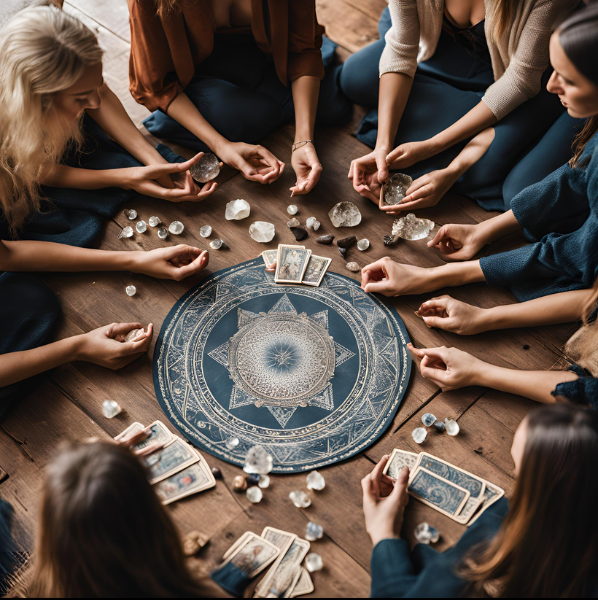 Women gathered in a circle with tarot cards and crystals, celebrating a baby shower, hen's night, birthday party, or team-building event. A unique and spiritual way to connect and celebrate together.