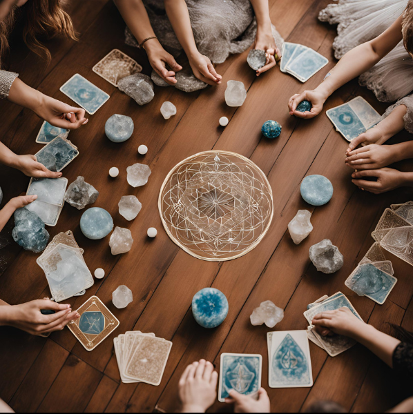 Women gathered in a circle with tarot cards and crystals, celebrating a baby shower, hen's night, birthday party, or team-building event. A unique and spiritual way to connect and celebrate together.