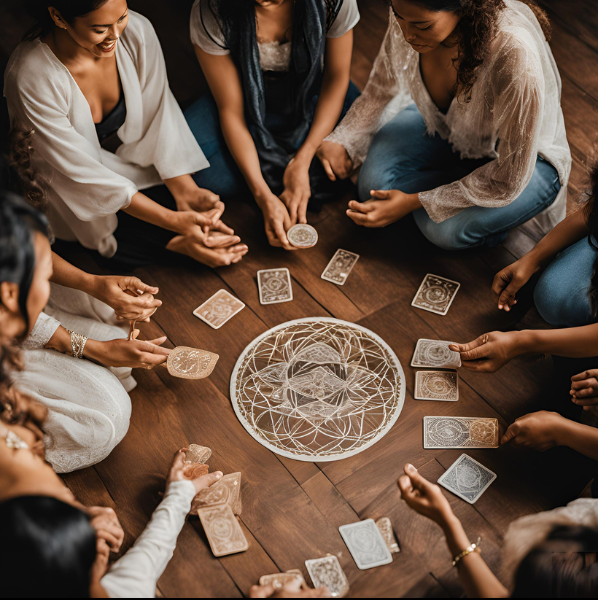 Women gathered in a circle with tarot cards and crystals, celebrating a baby shower, hen's night, birthday party, or team-building event. A unique and spiritual way to connect and celebrate together.