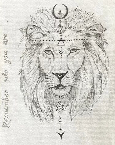 Beautiful drawing representing a powerful Sirius B Lion including Sacred Geometry. Light Codes and a phrase saying Remember Who You Are. It has a triangle on its forehead representing a crystal way to telepathically communicate with other Galactic being and also a reminder to activate our third eye chakra and to clear all the other chakras (Crown chakra, Third eye, Throat chakra, Heart chakra, Solar Plexus chakra, Sacral Chakra and also Root Chakra